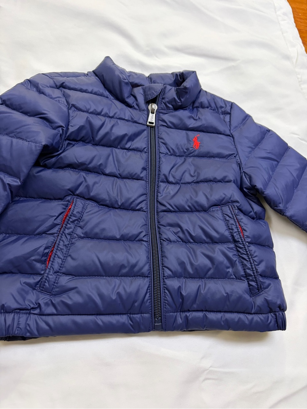 Ralph Lauren Navy Puffer Jacket with Red Logo Trim